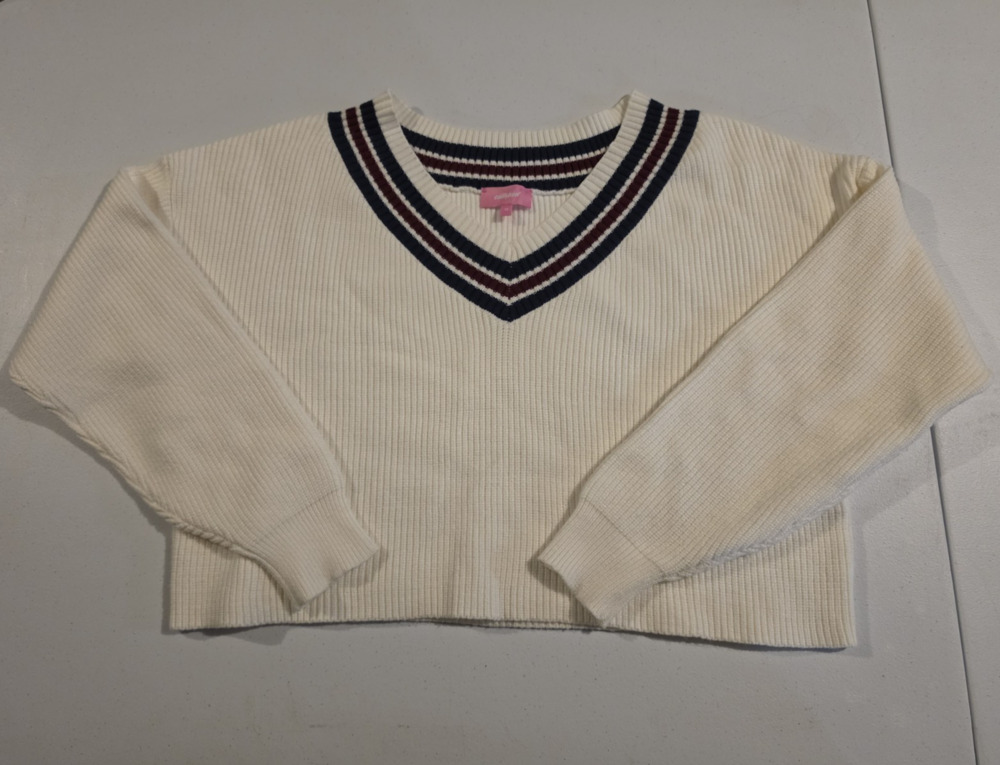 Edikted XS Rib Knit V-Neck Sweater Ivory Preppy Tennis Coquette